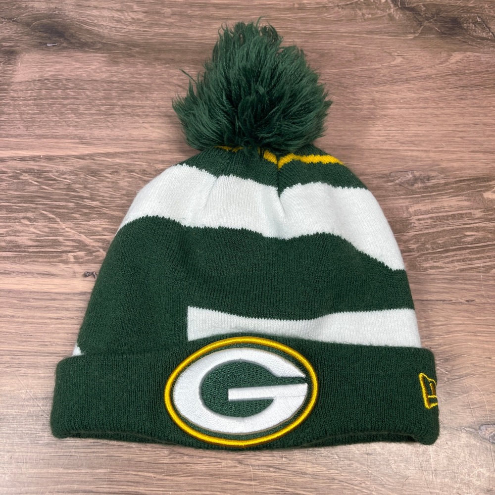 New Era Green Bay Packers Beanie‎ Kids Youth Green White Striped Pom Knit Hat